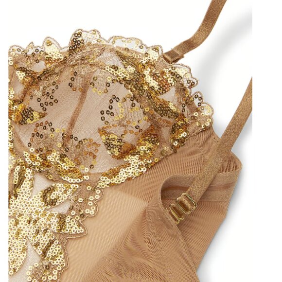 Very Sexy Gold Sequined Ziggy Glam Floral Embroidery Unlined Corset Top - 36B - Picture 2 of 5